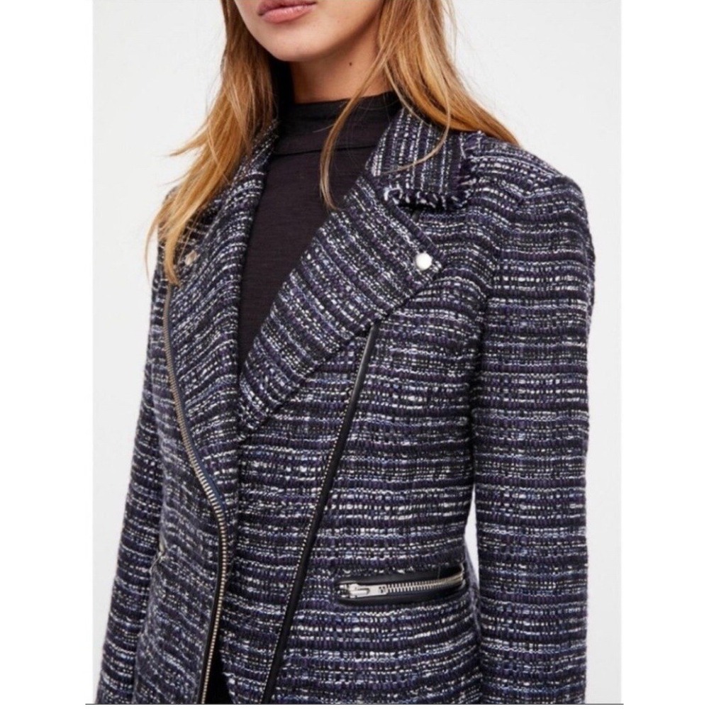 Free People Nicole Tweed Short Boho Moto Zipper Fall Jacket Black Blue Medium - Picture 7 of 8